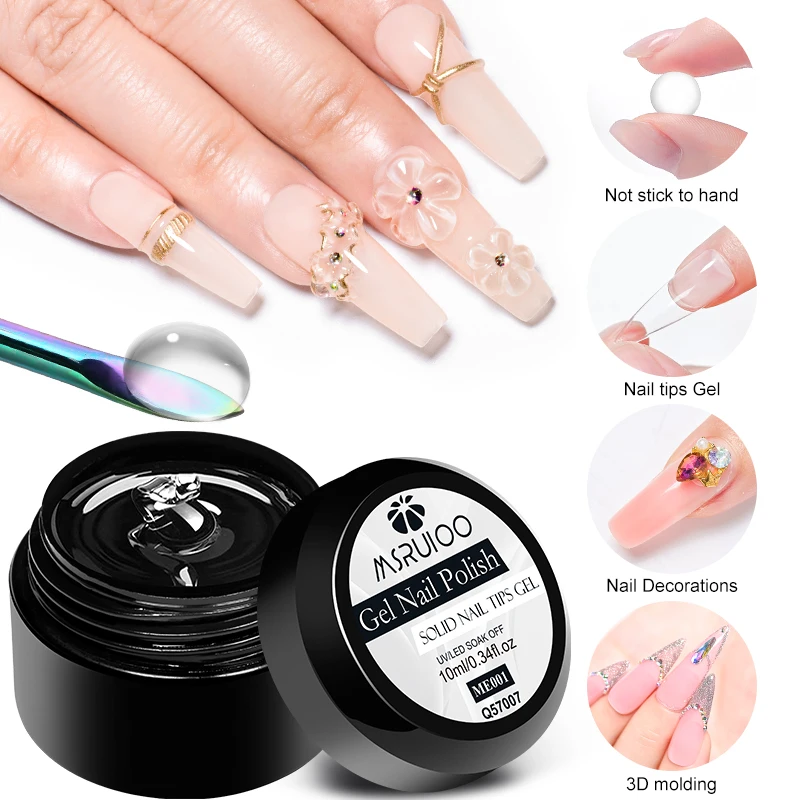MSRUIOO 10ml Clear Solid Nail Tips Gel Long Lasting Bubble-free UV/LED Building Gel for Nails Home Salon Manicure DIY Design