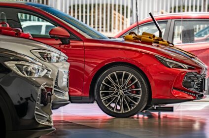 New cars in a dealership showroom